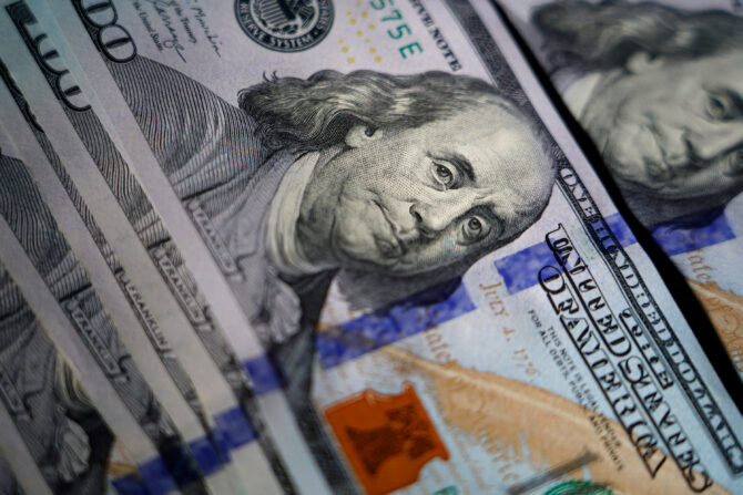 FILE - A portrait of Benjamin Franklin is displayed on U.S. $100 bills in Pennsylvania, on July 14, 2022. (AP Photo/Matt Slocum, File)