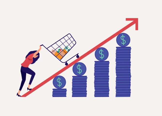 Illustration of a woman pushing a grocery cart uphill against a backdrop of progressively taller stacks of dollar coins, symbolizing rising inflation and the increasing cost of living.