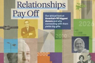 Cover of the March 2026 issue of The Chronicle of Philanthropy magazine, featuring the headline 'Relationships Pay Off' over a colorful collage of people, a handshake, and decade markers from 2000 to 2026, promoting their annual feature on America's 50 biggest donors.