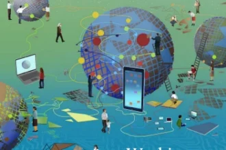 Cover of The Chronicle of Philanthropy (April 2026 issue) featuring a teal-to-blue gradient background with illustrated globes, people, and digital devices connected by colorful lines and nodes, symbolizing technology and global networks. Small figures collaborate, build structures, and interact with laptops, tablets, and data points around a large central globe. Headline reads “Working Smarter? How AI is changing fundraising, programs, and grant making.”